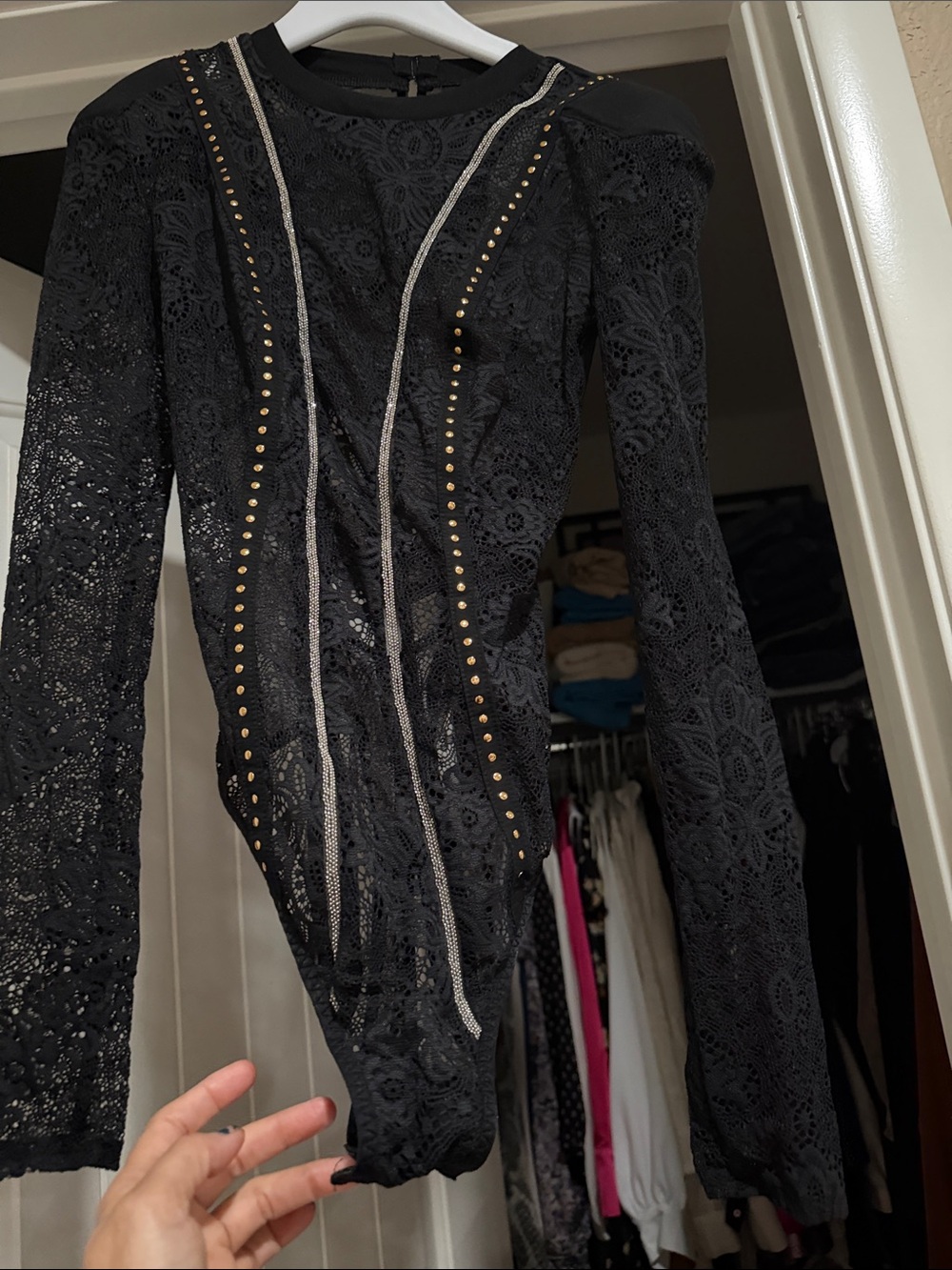 Black Lace Long-Sleeve Studded Bodycon Dress